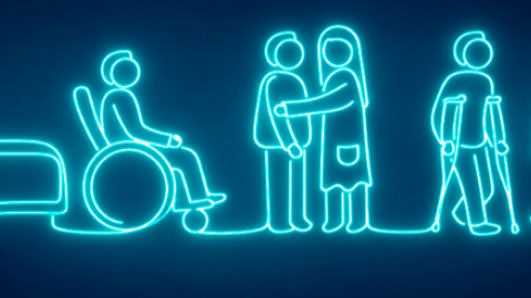 Ilustración de pacientes y sanitarios con luces de neón
