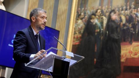 El consejero Miguel Ángel García Martín durante la jornada de Jurisprudencia e Hispanidad que se celebra en el Senado de España en el marco de Hispanidad 2026