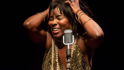 Imagen de una mujer cantando sobre un escenario. va vestida de dorado y tiene las monos sobre la cabeza