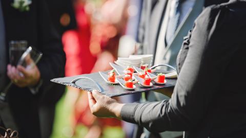 Camarero sirviendo canapés en evento al aire libre