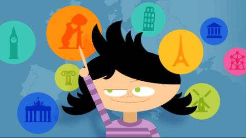 Dibujo de niña y de varios símbolos de ciudades europeas