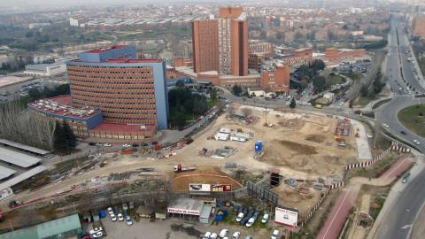 Vista aérea de la zona durante la ejecución de las obras. Estación Hospital 12 de Octubre Vista aérea de las obras de la estación Hospital Doce de Octubre