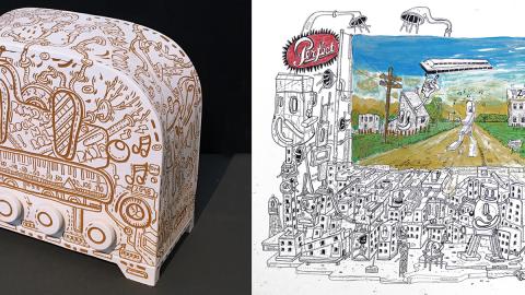 Radio de cerámica y dibujo de una ciudad