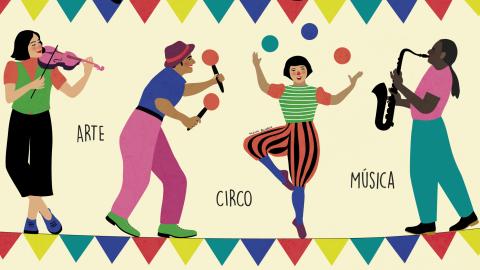 Cartel con dibujos de personas haciendo actividades y con mucho colorido
