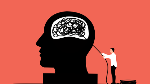 Icono de una cabeza con un cerebro enmarañado y un sanitario desenmarañando