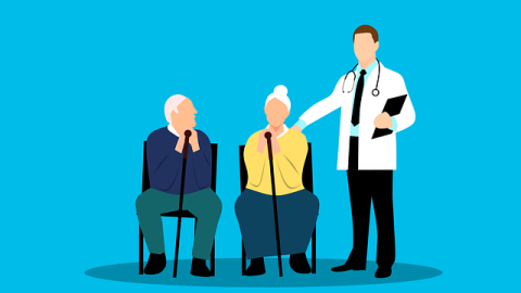 Icono de profesional sanitario acompañando a dos personas mayores