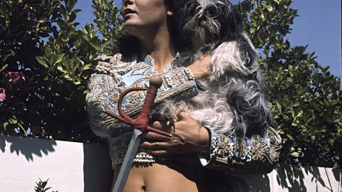 Mujer en bikini con un perro pequeño en brazos