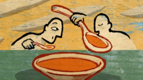 Ilustración de dos figuras humanas tomando sopa con cucharas desiguales