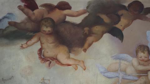 Lienzo Rompimiento de gloria, detalle de ángeles tras su estauración