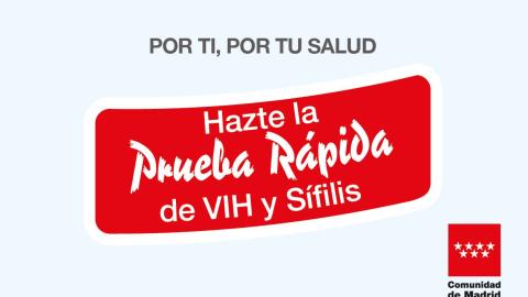 tarjeta azul clara con mensaje "hazte la prueba rápida de vih y sísfilis" sobre bandera roja