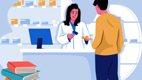 Icono farmacéutica y cliente en una farmacia