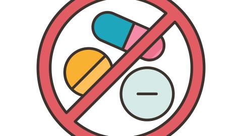 icono señal prohibido y unos medicamentos