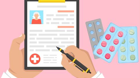 icono manos sujetando una carpeta con datos y unas pastillas al lado