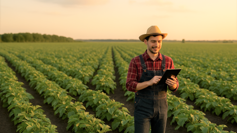Joven en un campo de cultivo con una tablet en la mano