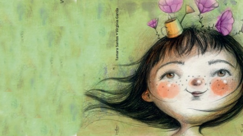 Imagen decorativa, Portada del libro Vida mía, Niña con macetas con flores sobre la cabeza