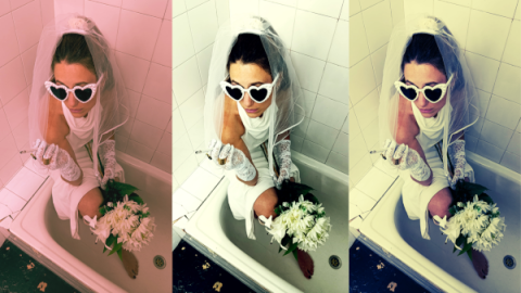imagen de una mujer vestida de novia dentro de una bañera con gafas de sol
