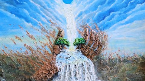 Pintura que muestra dos manos que salen del cielo sobre el mar 