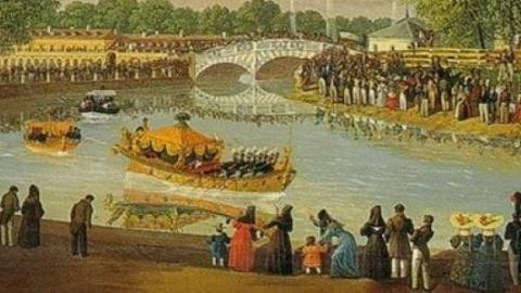 Óleo escena festejo náutico en Aranjuez, 1830.