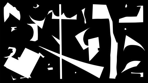 Dibujo en blanco y negro con siluetas recortadas en blanco sobre un fondo negro