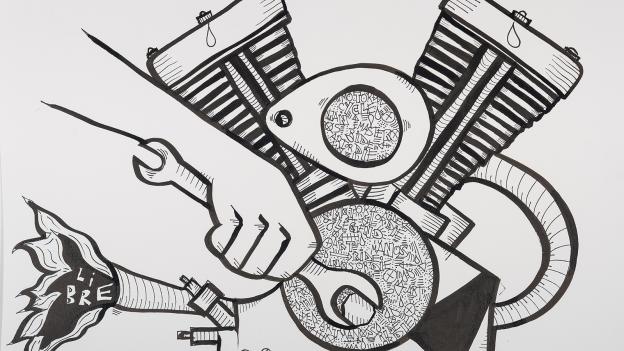 DAVID VAAMONDE. Serie Elogio de lo manual, 2022. Tinta sobre papel. Colección Zuloaga Dibujo de una mano con llave inglesa ajustando piezas