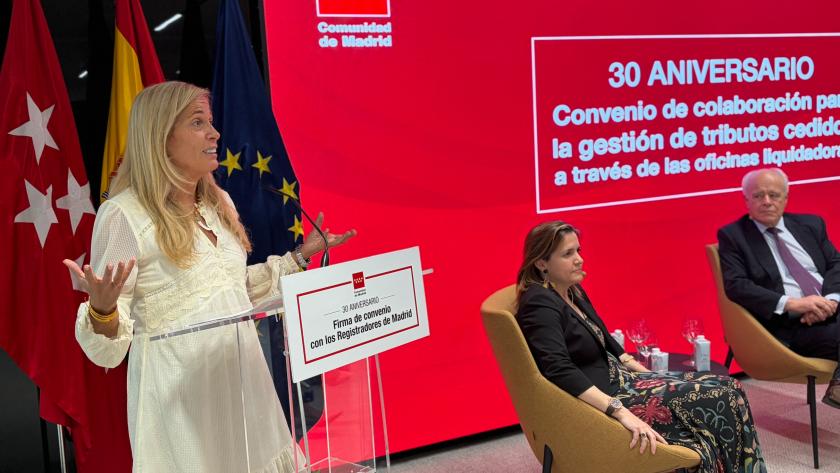 La consejera Rocío Albert durante el acto con el Colegio de Registradores de la Propiedad de Madrid