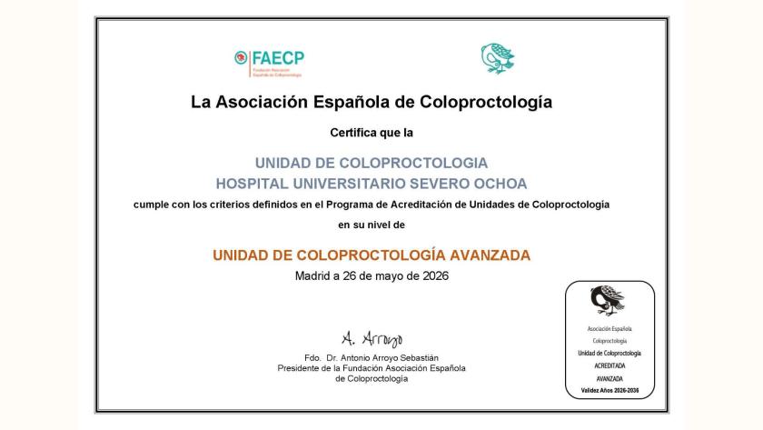 Certificado de la Asociación Española de Coloproctología al Hospital Universitario Severo Ochoa como Unidad de Coloproctología Avanzada, de mayo de 2026