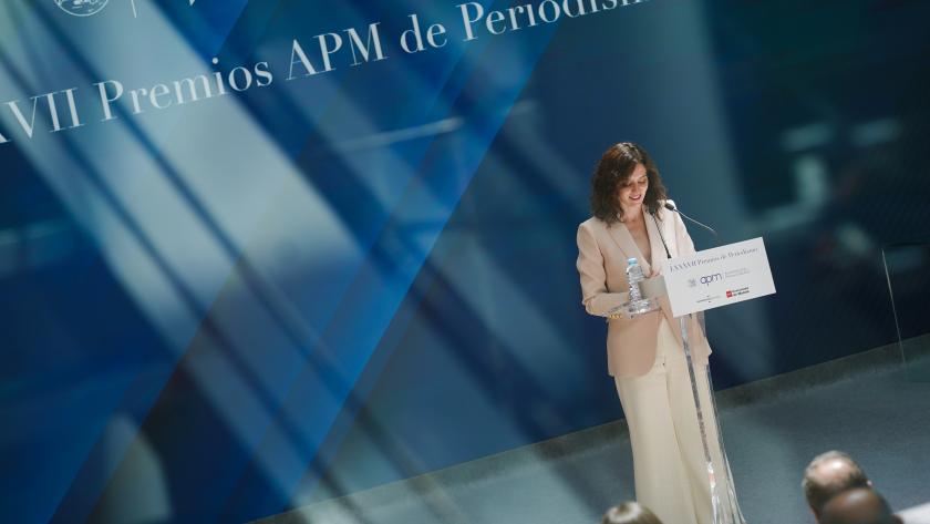 La presidenta Isabel Díaz Ayuso durante los Premios de Periodismo 2025 de la Asociación de la Prensa de Madrid