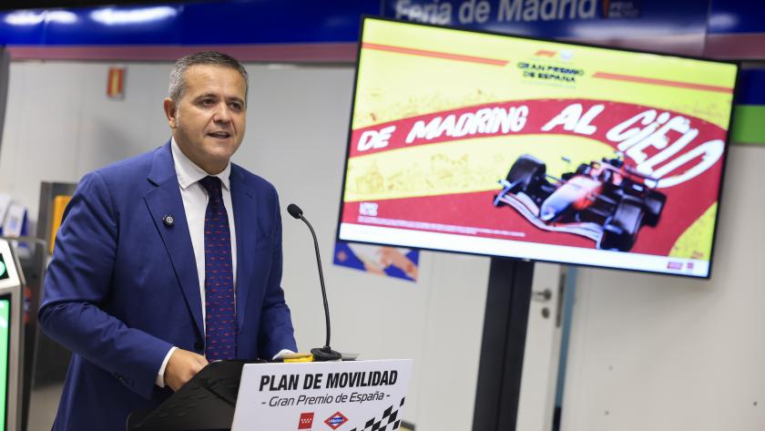 El consejero Jorge Rodrigo durante la presentación del Plan de Movilidad por el Gran Premio de España de Fórmula 1 que se celebra del 11 al 13 de septiembre en la capital