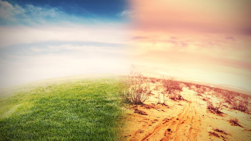 Una imagen icónica del planeta Tierra en la que la mitad del mismo está verde y la otra mitad desierto