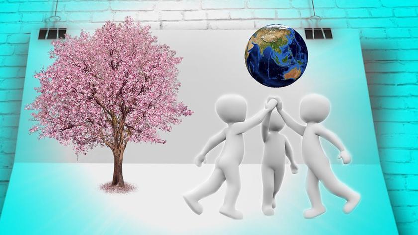 Alegoría de solidaridad, tres figuras juntan sus manos bajo un globo terraqueo