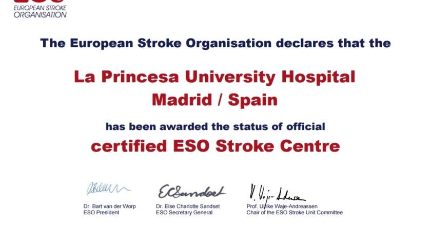 Certificado Europeo de Hospital Universitario de La Princesa como centro de Ictus Hospital de La Princesa, centro de ictus