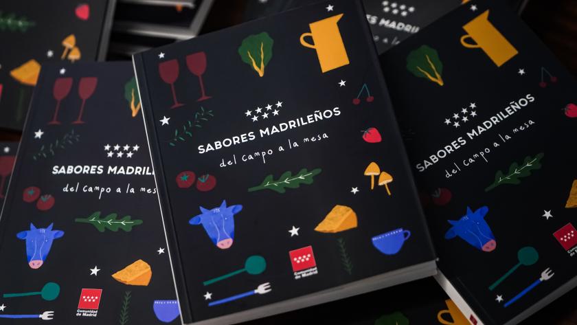 La consejera Paloma Martín en la presentación del libro Sabores madrileños, del campo a la mesa Portada del libro con su título Sabores madrileños, del campo a la mesa