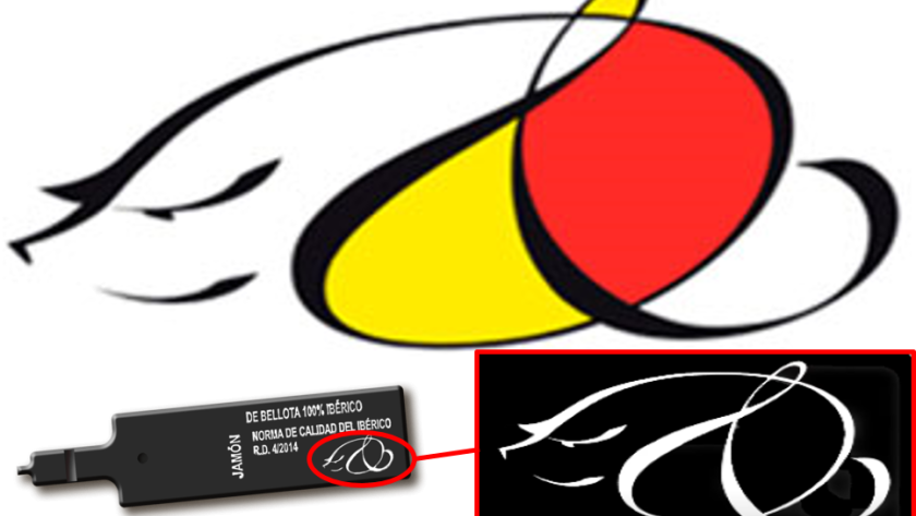 Composición del logo de ASICI en color, blanco y negro y su colocación en un precinto negro de jamón de bellota 100% ibérico