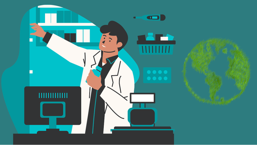 Imagen icónica de farmacéutico y un planeta de color verde
