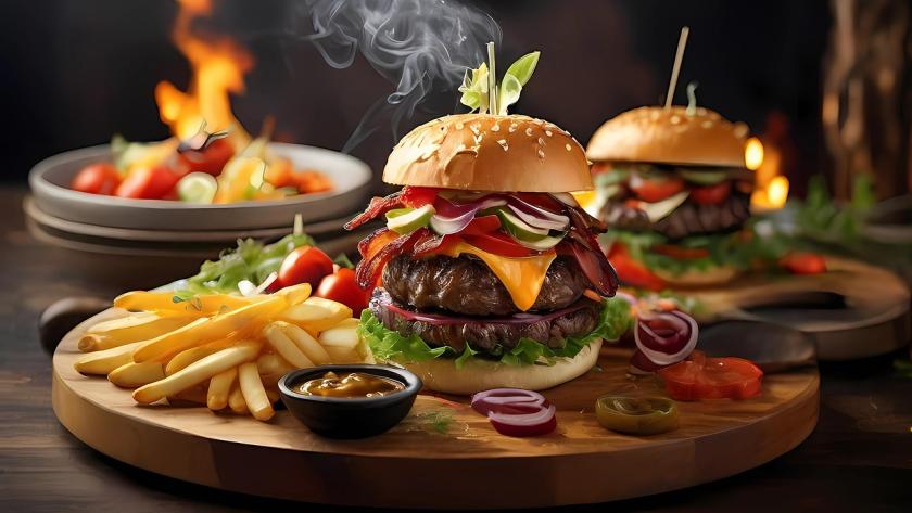 Dos hamburguesas sobre una tabla de madera