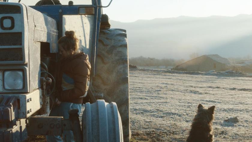 Fotograma del largometraje, muestra una mujer subiendo a un tractor una mañana helada a su lado hay un perro sentado 