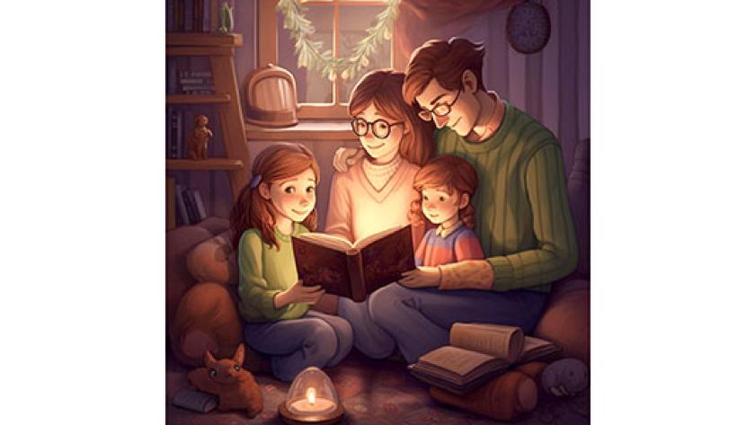 Imagen decorativa, familia, leyendo