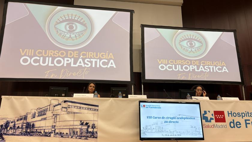 Dos profesionales durante una ponencia en un salón de actos