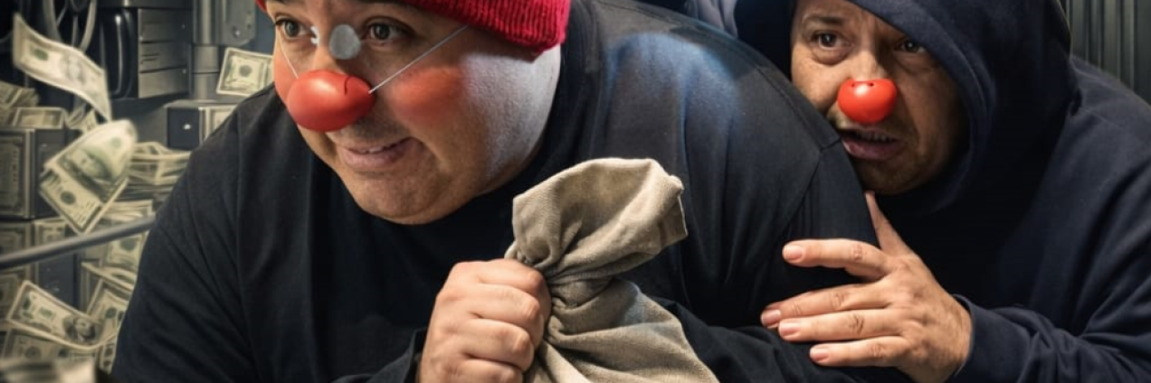Dos hombres vestidos de negro, uno detrás de otro. El de detrás lleva puesta la capucha de la sudadera y porta una linterna encendida en la mano derecha mientras toca con la izquierda al otro hombre. El de delante lleva un gorro de lana rojo y una bolsa con el símbolo del dólar. Ambos llevan una nariz de payaso roja