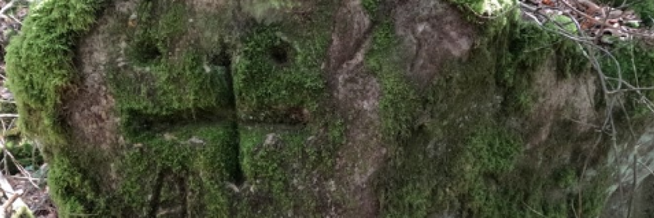 Cruz tallada en una piedra con musgo