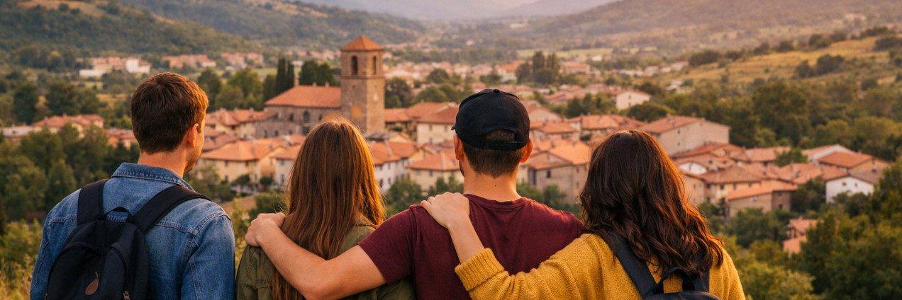 Jóvenes de espaldas mirando a un pueblo