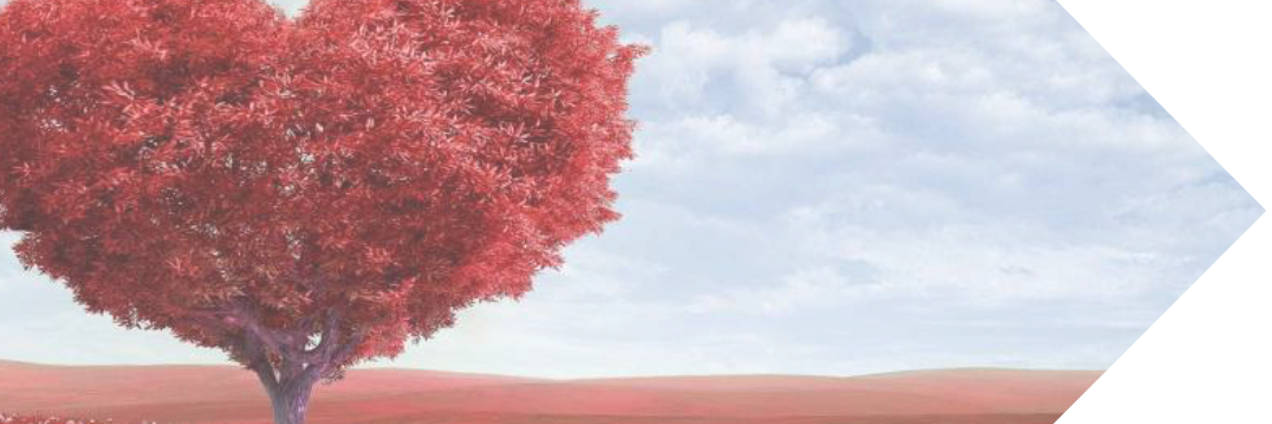Imagen de un árbol con forma de corazón en un paisaje con nubes