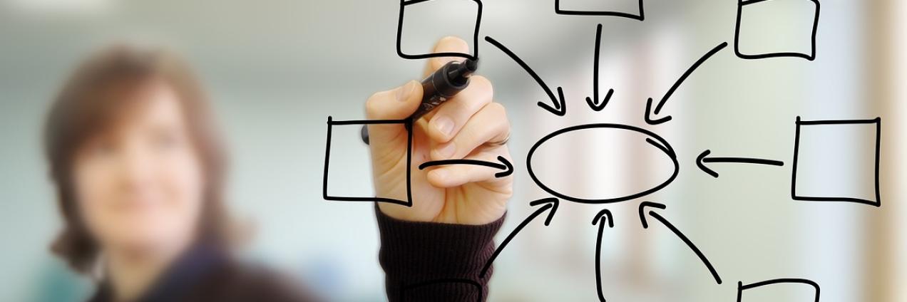 Diagrama de flujo pintado sobre una pizarra transparente simbolizando la incorporación de profesores a la función pública