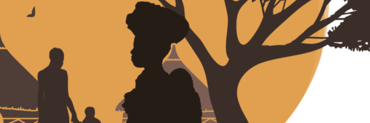 silueta en negro de paisaje y mujer africana con fondos ocres