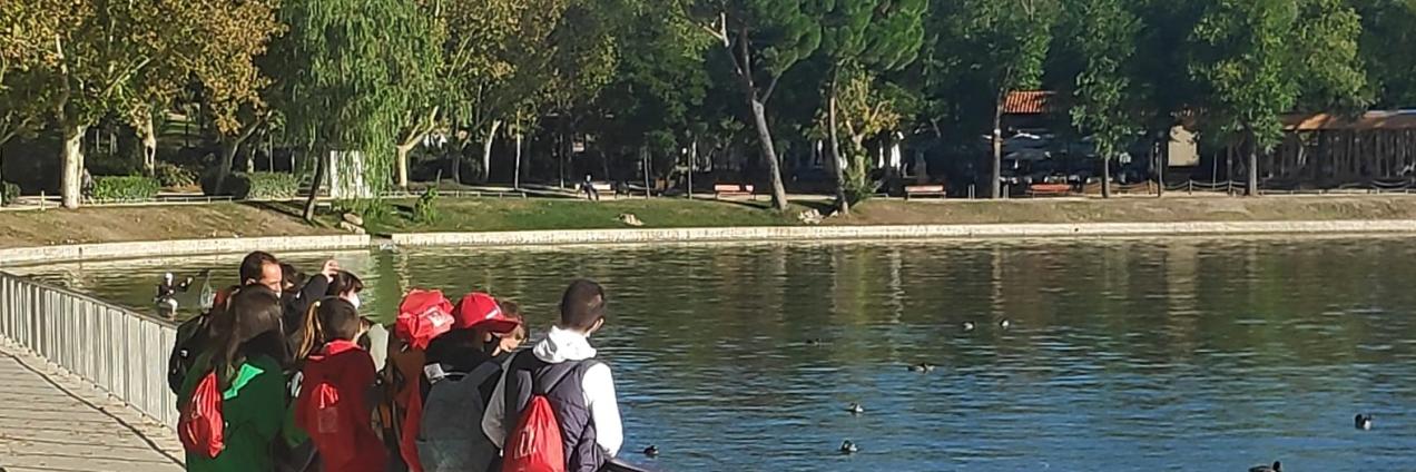 Jóvenes apoyados en la barandilla del lago de la Casa de Campo