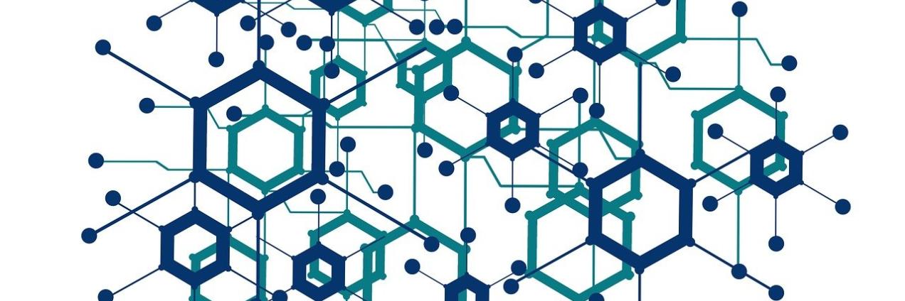 Imagen con red de figuras geométricas en azul y verde