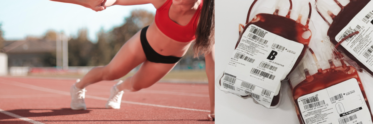 Imagen de dos personas en una pista de atletismo y bolsas de sangre