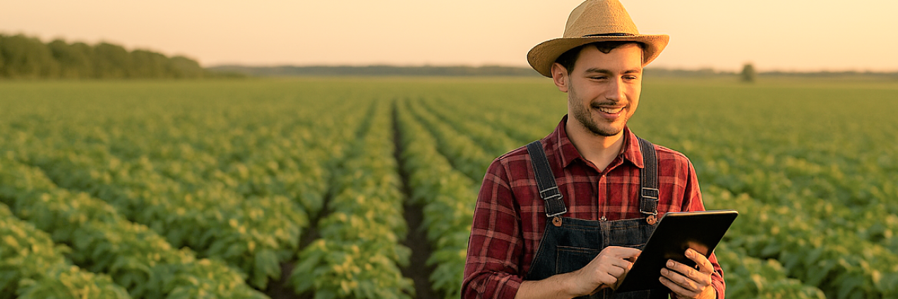 Joven en un campo de cultivo con una tablet en la mano
