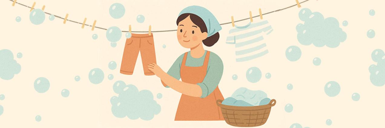 Imagen decorativa, dibujo de lavandera, ropa tendida