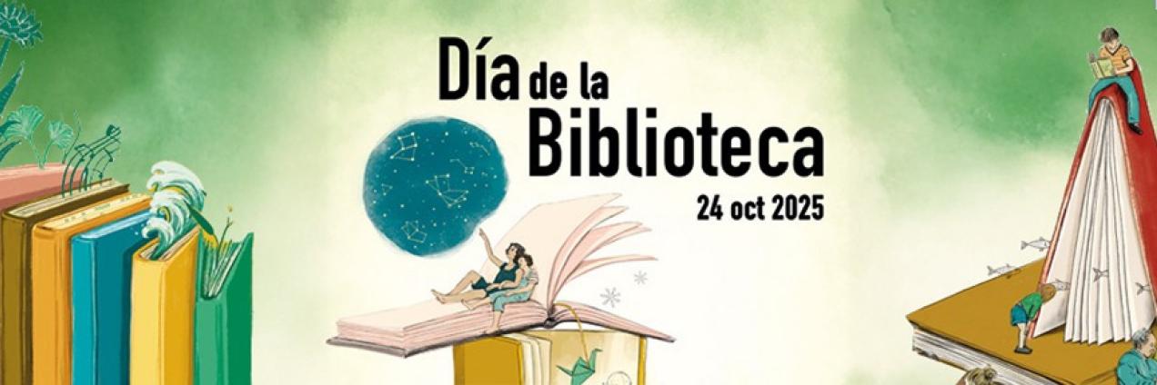 Imagen decorativa, cartel día de las bibliotecas, libros, gente leyendo
